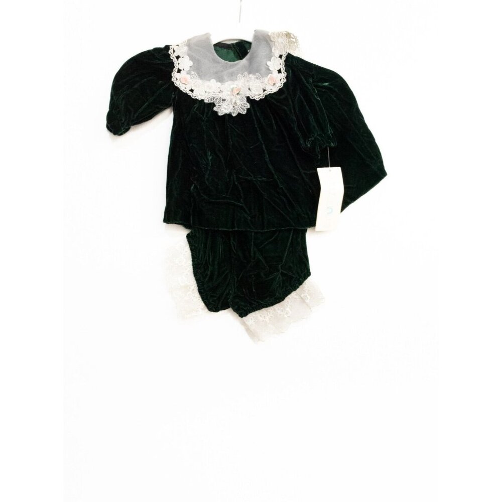 Paper Dolls Toddler Girls Dark Green White Rayon Tutu Dress Floral Velvet 6-9M